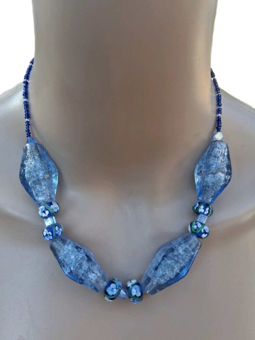 Vintage Blue Crackle Art Glass Necklace Murano Style Floral Lampwork Beads
